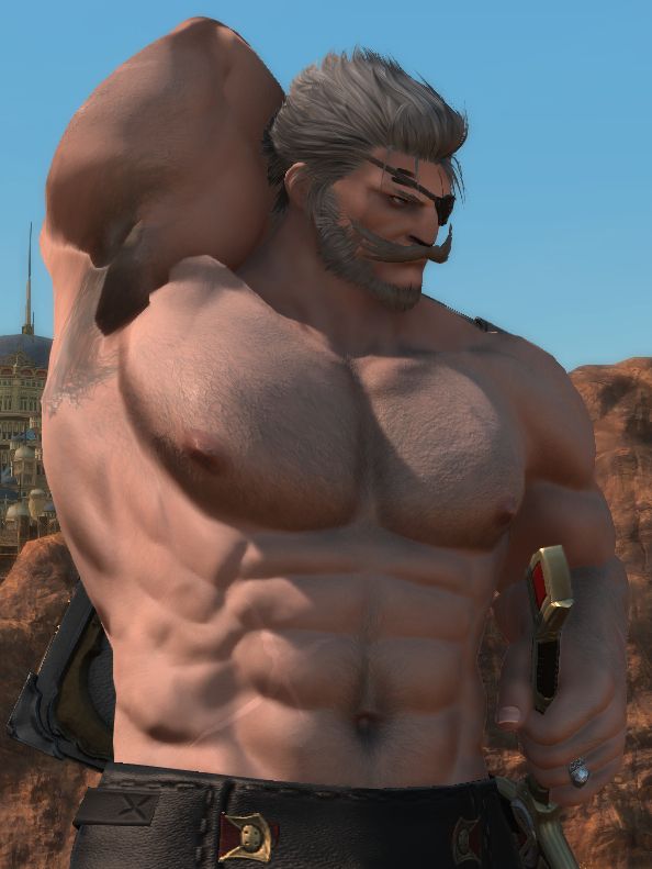 An image depicting Silent Bramble standing without his armor somewhere in the desert of Thanalan, looking to his left with a focused expression and gripping his sheathed longsword with his left hand. He is stretching his right arm behind him.