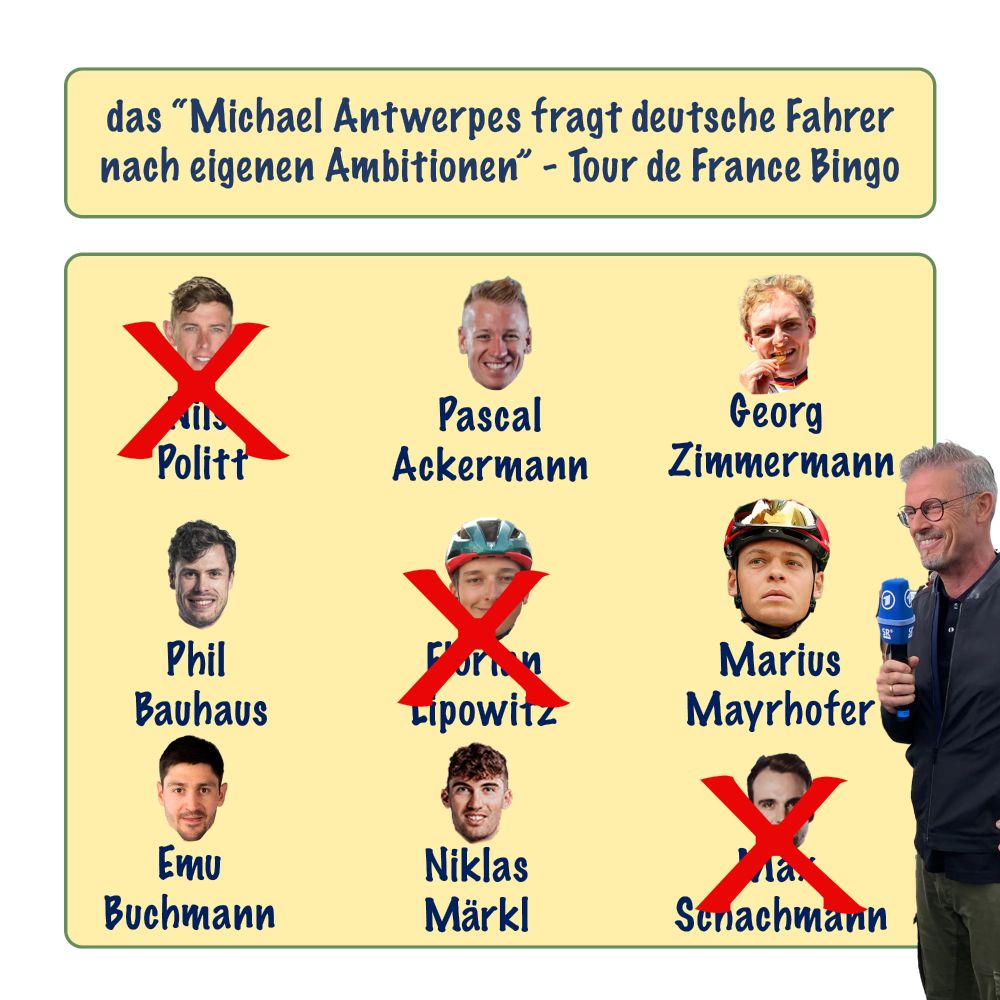 das Michael Antwerpen fragt deutsche Fahrer nach eigenen Ambitionen Tour de France bingo - mit allen deutschen Fahrern und drei durchgestrichen - politt lipowitz und Schachmann