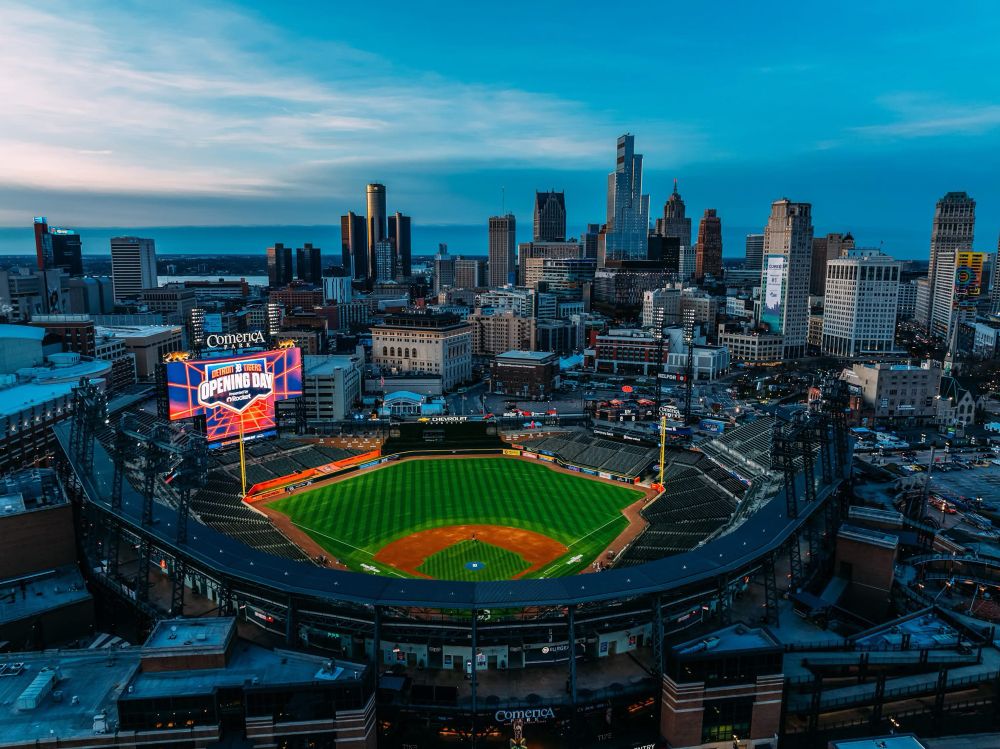 A view of Comerica Park and the Detroit skyline at dawn on Opening Day