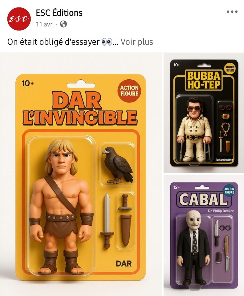 ESC qui évidement, éditeur roi des bails, a utilisé l'IA pour créer des fameux et merdiques faux sets de figurines. Ici pour Dar l'invincible, Bubba Ho-Tep, et Cabal. 