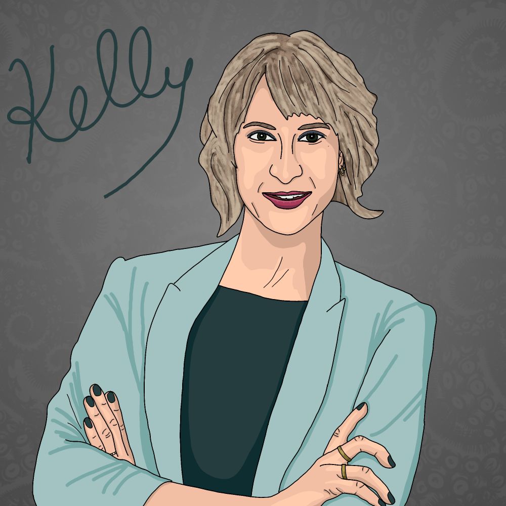Kelly is basically a Karen in a green pantsuit. Her blond hair is definitely not natural. Her wedding ring is almost hidden. Again, might be tentacles in the background. 