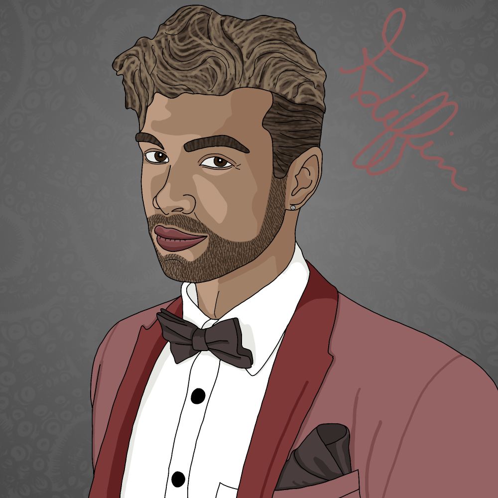 Griffin is racially ambiguous man in a pink and red tux. He is too pretty to be pushing 40. He has blond highlights, a neat beard, and an ear piercing. Again, possibly tentacles in the background, but who's to say?