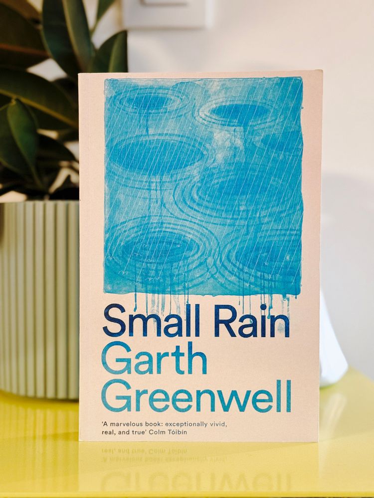Een boek met de titel Small Rain van Garth Greenwell staat op een gele ondergrond voor een plant.