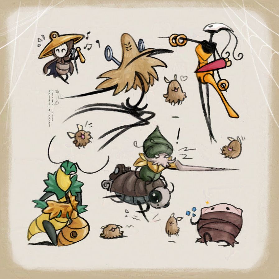 Fanart of several Hollow Knight Silksong characters. From left to right and top to bottom : Sherma, dancing and playing music, Widow jumping in the air in a dynamic pose, Shakra standing up, back to the camera, and displaying her golden rings on her outstretched left arm, the Green Prince, kneeling down and holding the disassembled body of a Cogwork Dancer in his hands, Garmond & Zaza charging at the enemy with a determined, angry look, and finally the gambler bug from the Blasted Steps juggling their dice in theit claw. All these characters are surrounded by several playful Fleas just fleaing around, being cute !