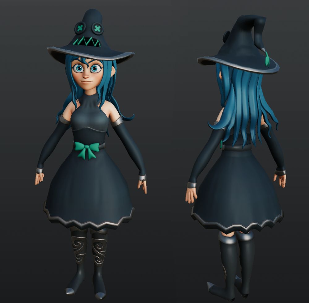 a 3d model of a witch girl showing the front and back of the model