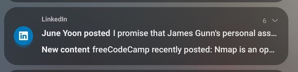 Screencap of a phone notification that reads, "June Yoon posted, "I promise that James Gunn's personal ass...""