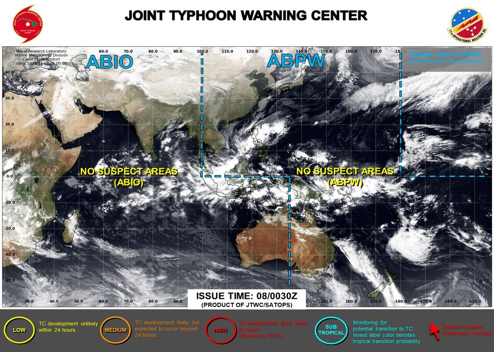 ABPW10 PGTW 080030
MSGID/GENADMIN/JOINT TYPHOON WRNCEN PEARL HARBOR HI//
SUBJ/SIGNIFICANT TROPICAL WEATHER ADVISORY FOR THE WESTERN AND SOUTH 
PACIFIC OCEANS REISSUED/080030Z-080600ZDEC2025//
RMKS/
1. WESTERN NORTH PACIFIC AREA (180 TO MALAY PENINSULA):
   A. TROPICAL CYCLONE SUMMARY: NONE.
   B. TROPICAL DISTURBANCE SUMMARY:
      (1) THE AREA OF CONVECTION (INVEST 93W) PREVIOUSLY LOCATED NEAR 
12.3N 123.5E HAS DISSIPATED AND IS NO LONGER SUSPECT FOR THE DEVELOPMENT 
OF A SIGNIFICANT TROPICAL CYCLONE IN THE NEXT 24 HOURS.
      (2) NO OTHER SUSPECT AREAS.
   C. SUBTROPICAL SYSTEM SUMMARY: NONE.
2. SOUTH PACIFIC AREA (WEST COAST OF SOUTH AMERICA TO 135 EAST):
   A. TROPICAL CYCLONE SUMMARY: NONE.
   B. TROPICAL DISTURBANCE SUMMARY: NONE.
   C. SUBTROPICAL SYSTEM SUMMARY: NONE.
3. JUSTIFICATION FOR REISSUE: DISSIPATED AREA IN PARA. 1.B.(1).//
NNNN
