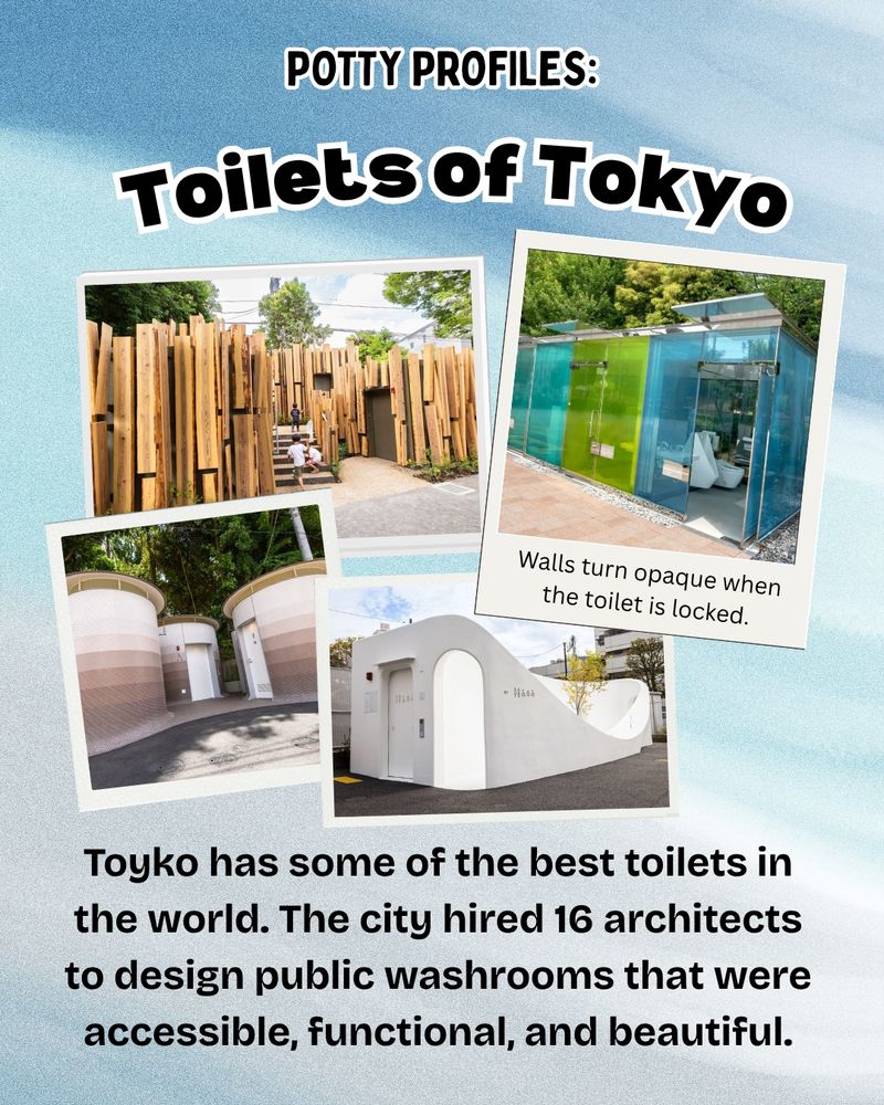 A blue graphic with photos of beautiful, modern-looking toilets from around Tokyo. Some have coloured glass walls that turn opaque when the toilet is locked, while another is shaped like a cluster of concrete mushrooms and a third is covered in wood cuts that helps it blend into the park space around it. Text reads: "Toyko has some of the best toilets in the world. The city hired 16 architects to design public washrooms that were accessible, functional, and beautiful."
