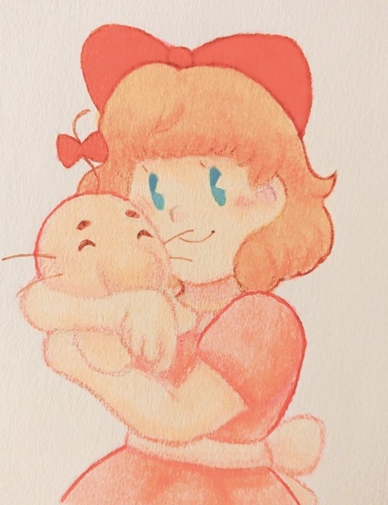Traditional art of Paula holding a Mr. Saturn.