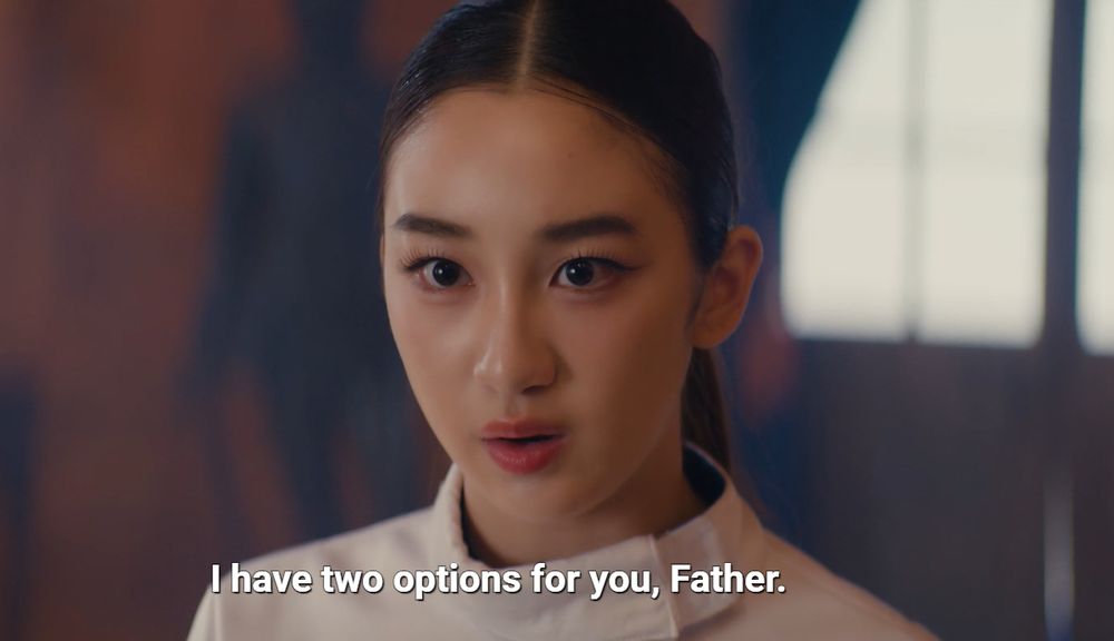 Screenshot of the thai serie "The Next Prince", episode 10.
We see Ava holding up to her father (out of the frame) saying "I have two options for you father".

It's an answer to her father that she can't have Mira as a coach cos Mira's a woman. So Ava, without stuttering, says to her father that, either she keeps Mira or she withdraw of the competition, which means he won't have a chance de be king of Emmaly. 