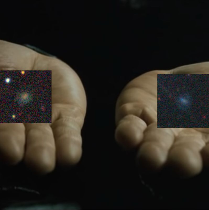 A meme showing the iconic scene from Matrix where Morpheus offers Neo the red and blue pills but with red and blue types of low surface brightness galaxies (LSBGs) instead.