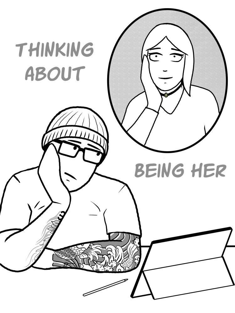 A line drawing of Harlow at her desk in boymode, daydreaming of being femme Harlow.
