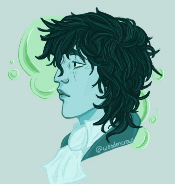 a drawing of edgar allan poe from bungo stray dogs. he is drawn in blue-green tones. he is drawn from the side, with green bubbles/liquid as the background