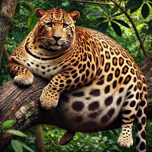 Image of a very fat leopard, sitting in a tree.  Apparently AI-generated.  From Reddit's /r/ChatGPT/