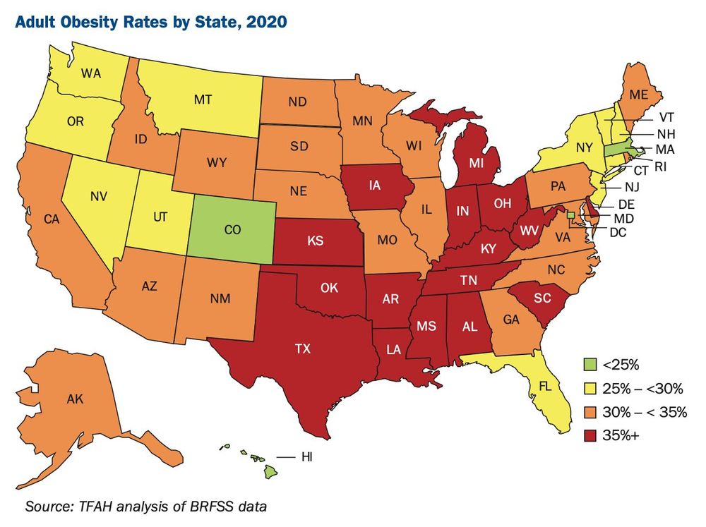 Adult Obesity Rates by State (United States), 2020