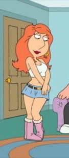 Image of Lois from family guy with long hair making a cutesy flirty face and body language