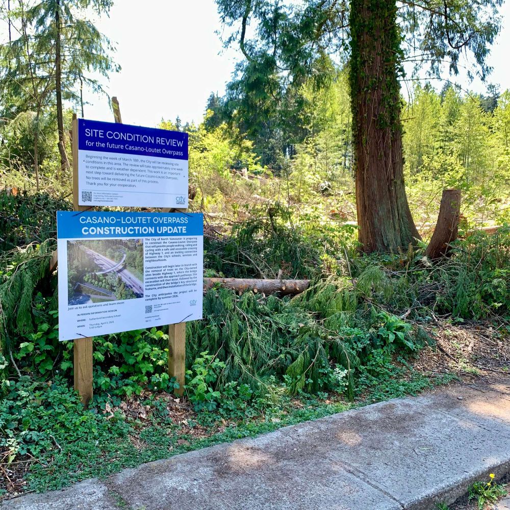 Project information sign on the northeast end of the overpass. Trees have been cut down in the background.