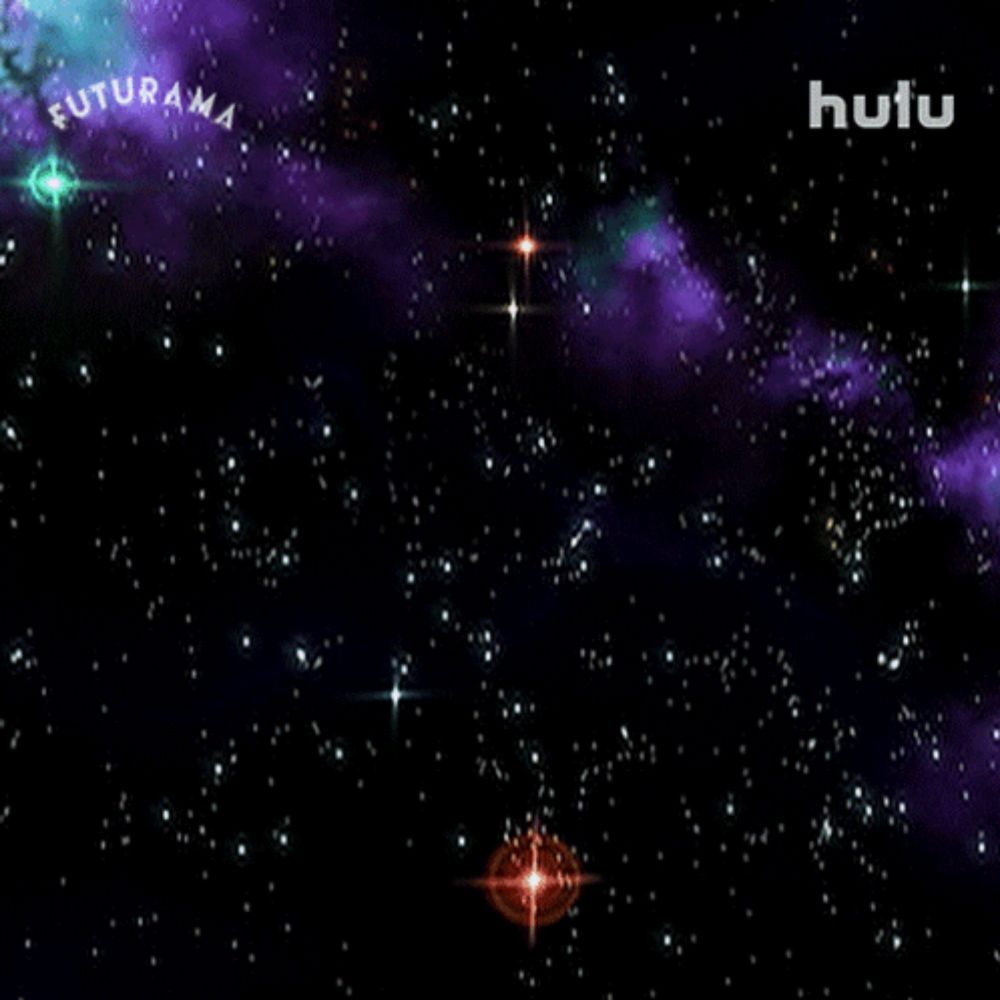 a futurama robot is floating in space with a hulu logo in the background