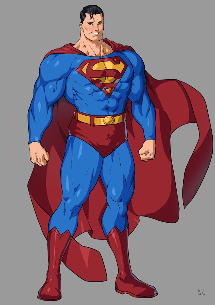 Superman, icon figure in comics. Blue suit with red and yellow "S" emblazoned on the chest. Red boots and trunks. Red cape bellowing in the wind. 