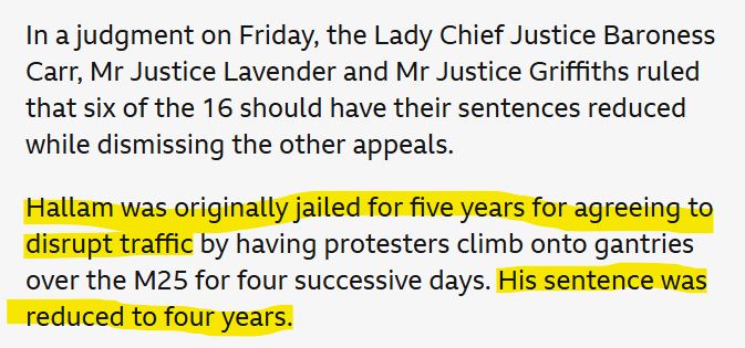 A BBC report on the reduction of Just Stop Oil founder Roger Hallam's prison sentence from five years to four years, upon appeal.
