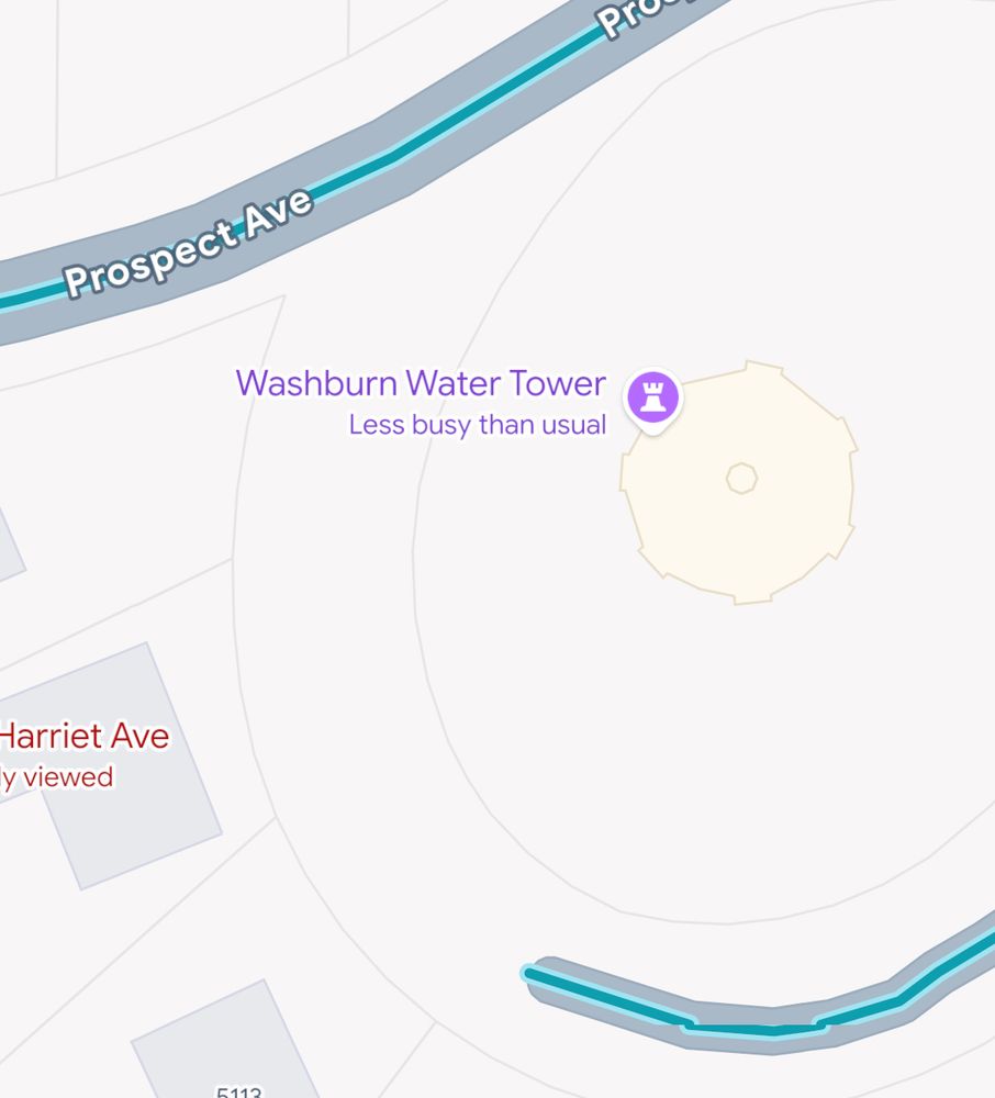 Google map showing right-of-way around the Washburn water tower