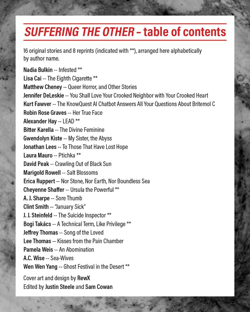 Suffering the Other – table of contents

16 original stories and 8 reprints (indicated with **), arranged here alphabetically by author name.

Nadia Bulkin -- Infested **
Lisa Cai -- The Eighth Cigarette **
Matthew Cheney -- Queer Horror, and Other Stories
Jennifer DeLeskie -- You Shall Love Your Crooked Neighbor with Your Crooked Heart
Kurt Fawver -- The KnowQuest AI Chatbot Answers All Your Questions About Britemol C
Robin Rose Graves -- Her True Face
Alexander Hay -- LEAD **
Bitter Karella -- The Divine Feminine
Gwendolyn Kiste -- My Sister, the Abyss
Jonathan Lees -- To Those That Have Lost Hope
Laura Mauro -- Ptichka **
David Peak -- Crawling Out of Black Sun
Marigold Rowell -- Salt Blossoms
Erica Ruppert -- Nor Stone, Nor Earth, Nor Boundless Sea
Cheyenne Shaffer -- Ursula the Powerful **
A. J. Sharpe -- Sore Thumb
Clint Smith -- “January Sick”
J. J. Steinfeld -- The Suicide Inspector **
Bogi Takács -- A Technical Term, Like Privilege **
Jeffrey Thomas -- Song of the Loved
Lee Thomas -- Kisses from the Pain Chamber
Pamela Weis -- An Abomination
A.C. Wise -- Sea-Wives
Wen Wen Yang -- Ghost Festival in the Desert **

Cover art and design by RewX
Edited by Justin Steele and Sam Cowan