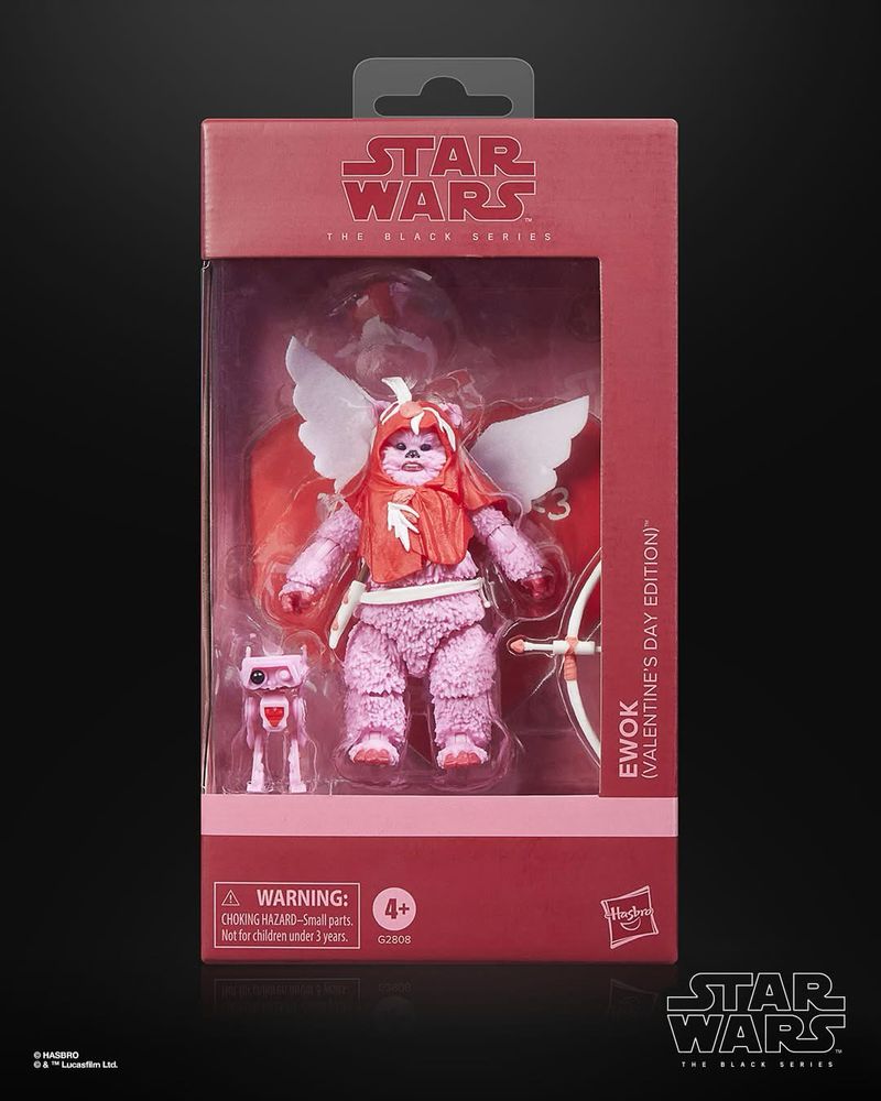 A pink Cupid Ewok action figure with a pink BD-1 for Valentine’s Day