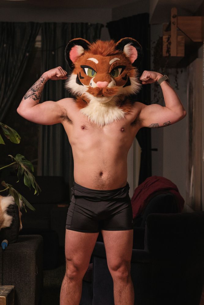 Dude in a tiger fursuit head doing a double bicep flex.