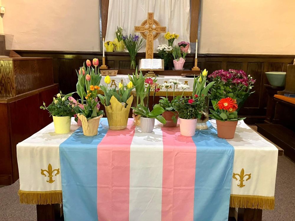 Picture of church altar. Draped in Trans flag and covered with pots of Easter flowers.