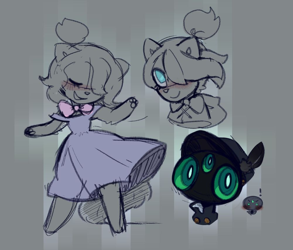 warmups of Boots and TSWFTN. Boots is a anthro cat with a covered left eye. She is swaying peacefully. The Shadow looks with their large 3 eyes, blushing.