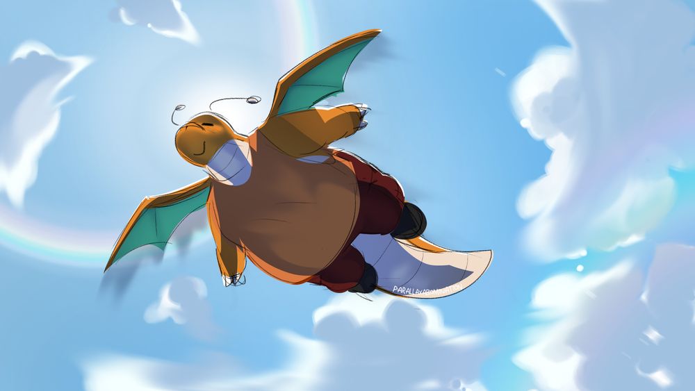 Luke's dragonite sona flying above enjoying the blue sky and breeze. He is in a loose summer shirt and dark pants. Wings splayed out
