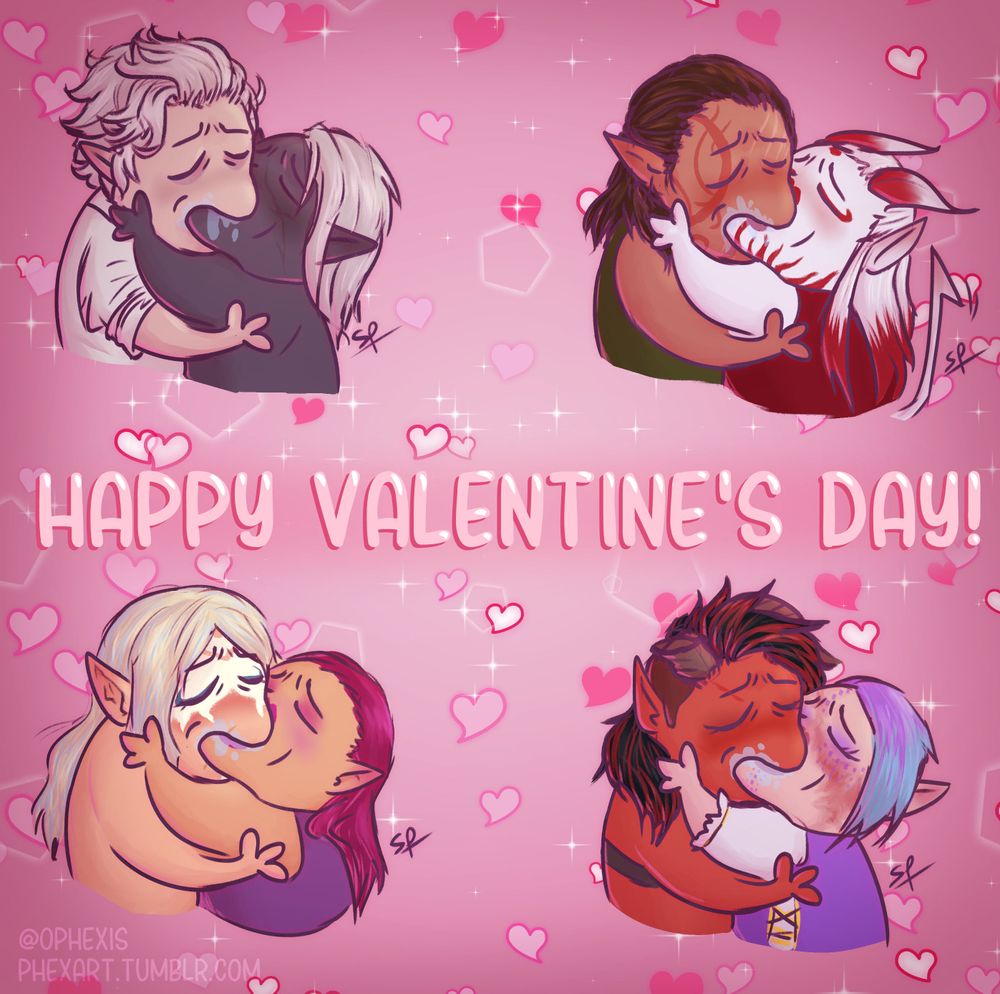 A drawing of bg3 Tavs comically making out sloppy style with companions Astarion, Halsin and Karlach and two Tavs making out with each other