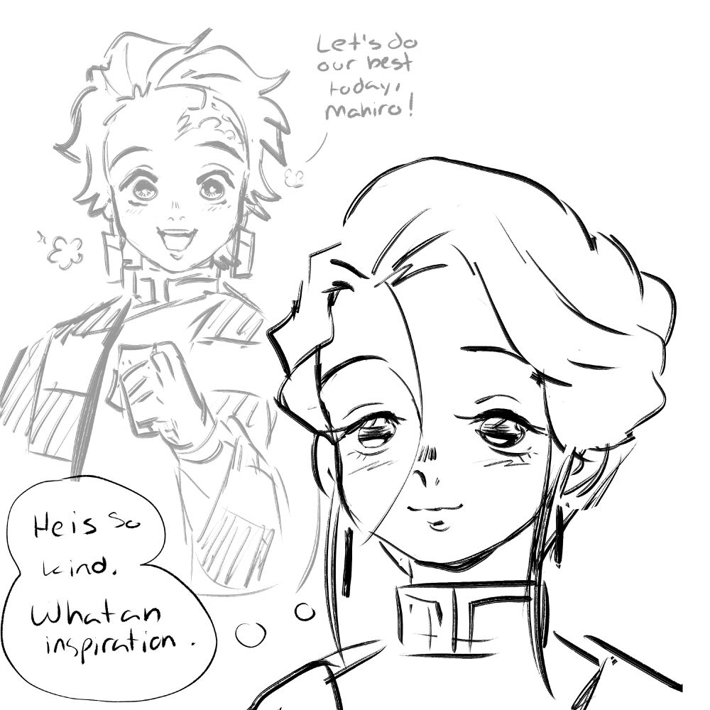 Mahiro is thinking back to a time Tanjiro spoke to her.
Tanjiro - "Let's do our best today, Mahiro!"
Mahiro - "He is so kind. What an inspiration."