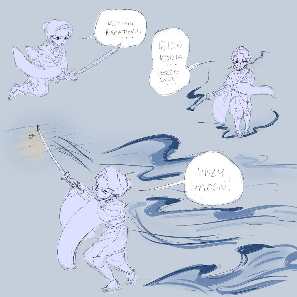 Mahiro, an oc, is holding a sword prepared to fight, or train in this case. Top left she is saying, "Kyomai breathing..."
Top right, she is saying, "Gion Kouta... verse one..." She has changed stance, stepping forward with her right foot, sword trailing behind on the right.
Bottom, she brought up the blade and swung, misty, dark water visuals trail behind and a hazy moon seems to appear where the blade strikes the air. She says, " Hazy moon!"