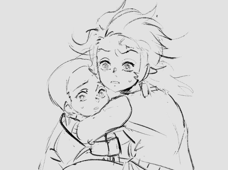 Tanjiro in my au with one of his little brothers, Shigeru, looking worried about something off screen.