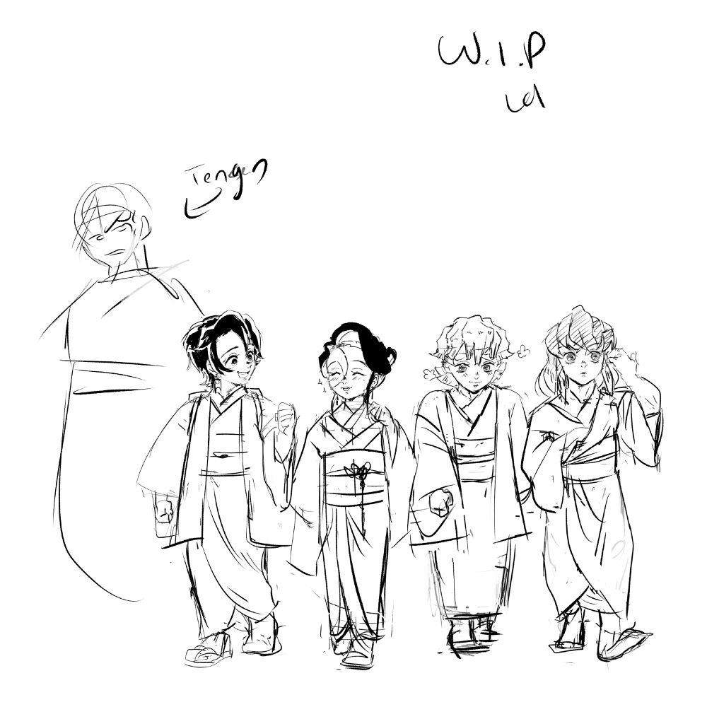 WIP of if Mahiro joined them during the entertainment district arc and had help in the boys disguises, their fits will change prlly. Didn't look up a ref for tengen so bro is just a sketch