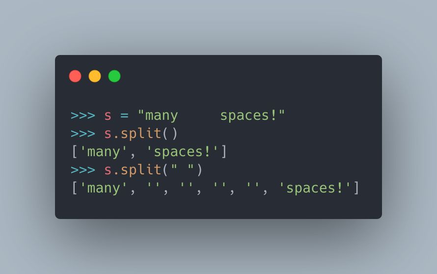 A Python screenshot that shows that str.split() breaks a string and groups multiple spaces into a single break, while str.split(" ") breaks at every single space, creating additional empty elements in the split list.