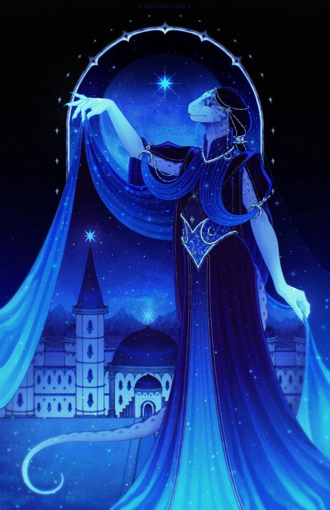 An anthropomorphic lizard with blue spotted skin, dark eyes with white star-shaped pupils, and glowing hands. She is wearing a dark blue veil resembling a braid, a dark blue, floor-length dress with silver embroidery, a crystal corset belt, and a light blue cape. She is holding the fabric in her raised hand, so the inner lining is visible. Inside the cape there is a picture of a palace with light blue walls and darker blue embellishments. The main part of the palace is a large building with a dark blue, shiny, dome-shaped roof supported by dark blue columns, meanwhile the side part contains two tall towers connected by a floral-patterned bridge. In front of the building there is a lawn of blue grass, and behind it there is a desert, mountains and the starry sky. In the background, behind the characters, there is a silver frame, the full moon, and the stars.