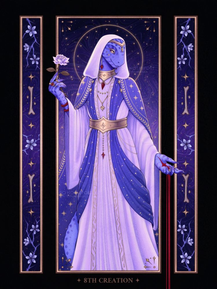A blue-skinned anthropomorphic lizard wearing white robes with a wide hood, golden jewelry, and a blue cape with golden celestial embellishments. His eyes are golden, and his skin—blue with darker spots. He is holding a white rose in his right hand. There's a bleeding, star-shaped wound on his left hand. The background is purplish blue with golden swirls and a halo surrounding the character's head. There are two smaller frames on the sides of the artwork, each containing decorative blakthorn flowers, four-pointed stars, and bones.