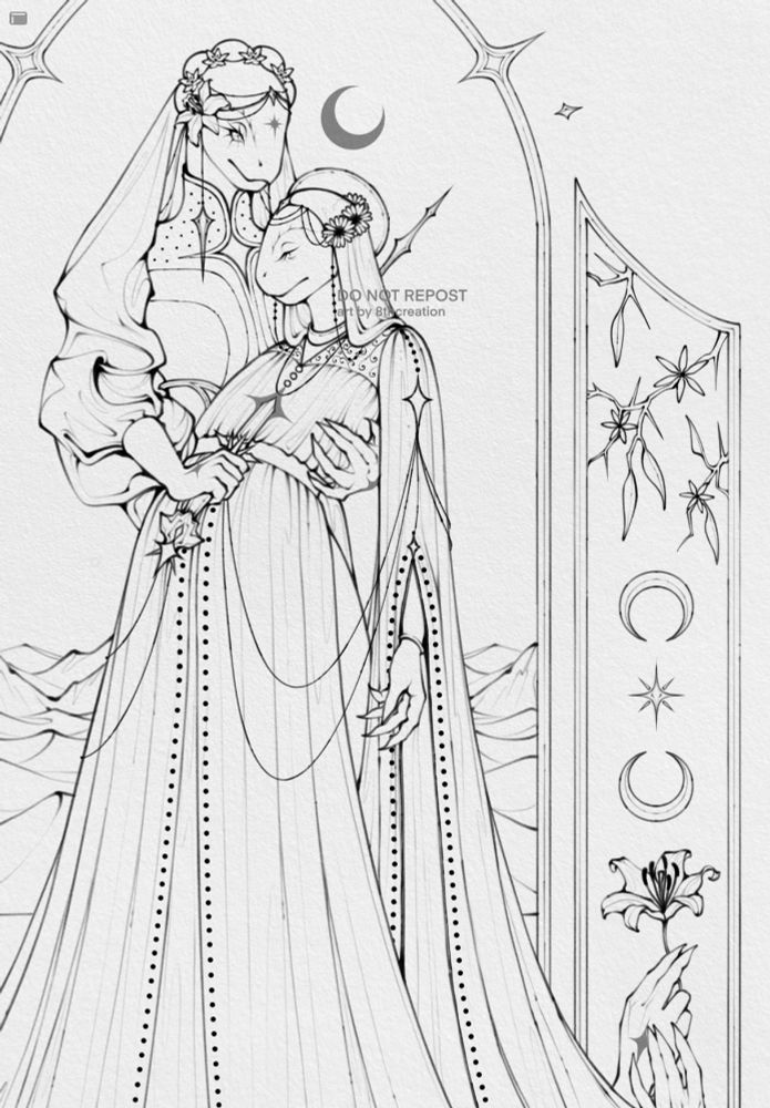 Lineart artwork portraying two anthropomorphic lizards. One of them is holding the other in her arms and stabbing him with a long dagger. In the background, there are sand dunes and mountains. On the side there's a fragment of a decorative frame consisting pictures: hands holding a lily flower, moons and an eight-pointed star, and a blackthorn branch.