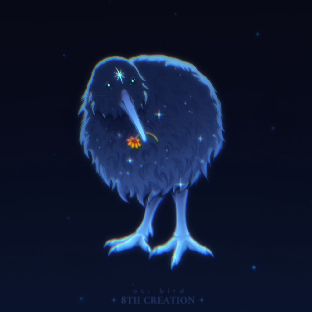 A kiwi-shaped bird with dark blue feathers, light blue beak and legs, and white starry markings. It's holding a flower in its beak. The background is dark blue, full of stars.