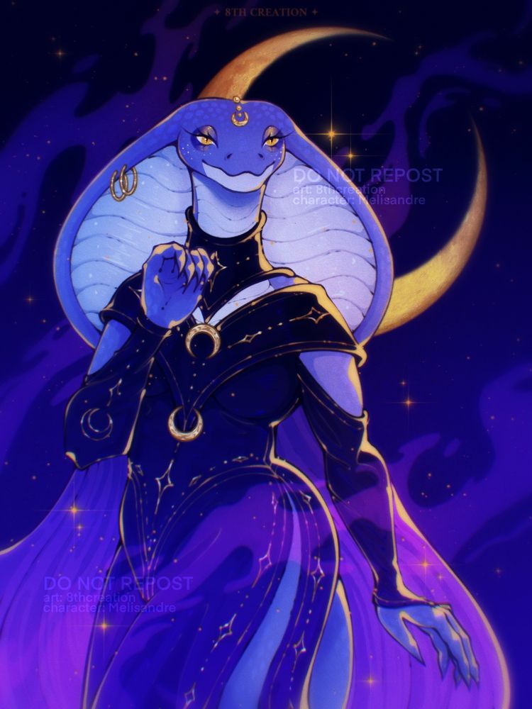 A thigh-up drawing of an anthropomorphic cobra with blue scales and golden eyes. She is wearing a dark blue dress with golden embroidery and a blue cape with a purple gradient. The crescent moon is glowing behind the character. The background is dark blue, full of stars, and filled with lighter blue smoke. 