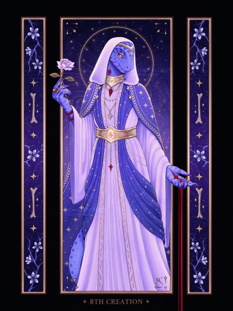 A blue-skinned anthropomorphic lizard wearing white robes with a wide hood, golden jewelry, and a blue cape with golden celestial embellishments. His eyes are golden, and his skin—blue with darker spots. He is holding a white rose in his right hand. There's a bleeding, star-shaped wound on his left hand. The background is purplish blue with golden swirls and a halo surrounding the character's head. There are two smaller frames on the sides of the artwork, each containing decorative blakthorn flowers, four-pointed stars, and bones.