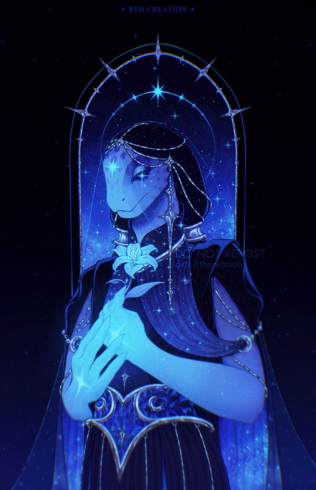 An anthropomorphic lizard holding a blue glowing lily flower. She has blue spotted skin, white glowing star-shaped markings on her hands and forehead, and dark eyes with starry white pupils. She is wearing a dark blue dress, a blue cape with a celestial pattern, a dark veil resembling a braid, and a second, thin, semi-transpernt flowy veil with starry emroidery. Silver jewelry complements the whole outfit. The background is an elongated frame containg cosmic space—dark, full of stars.