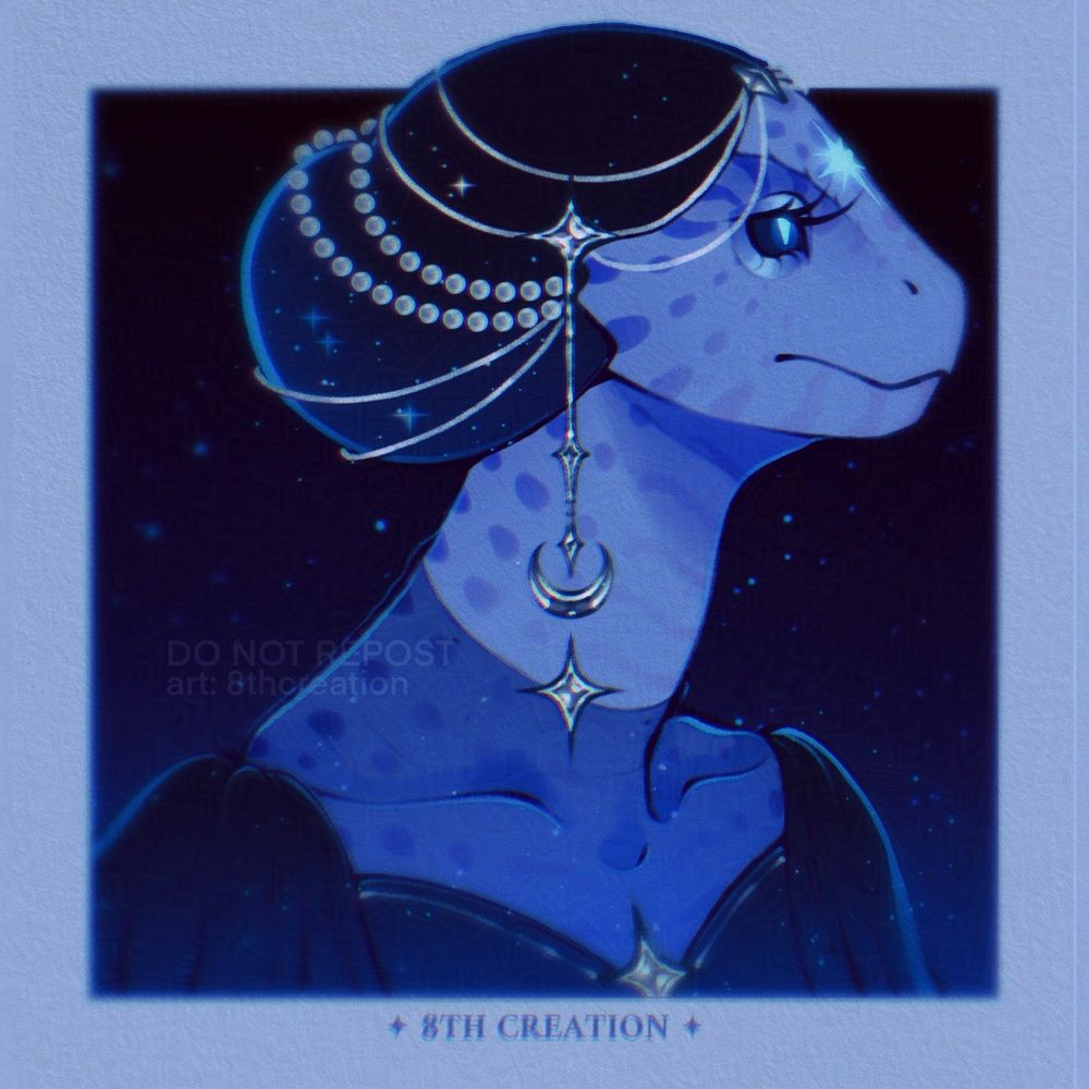 Side profile portrait of an anthropomorphic lizard with grayish blue spotted skin, dark blue eyes with white glowing pupils, and a glowing eight-pointed star on her forehead. She is wearing a dark blue dress and a dark blue tied-up veil decorated with silver chains and white pearls. The background is dark blue, full of stars.