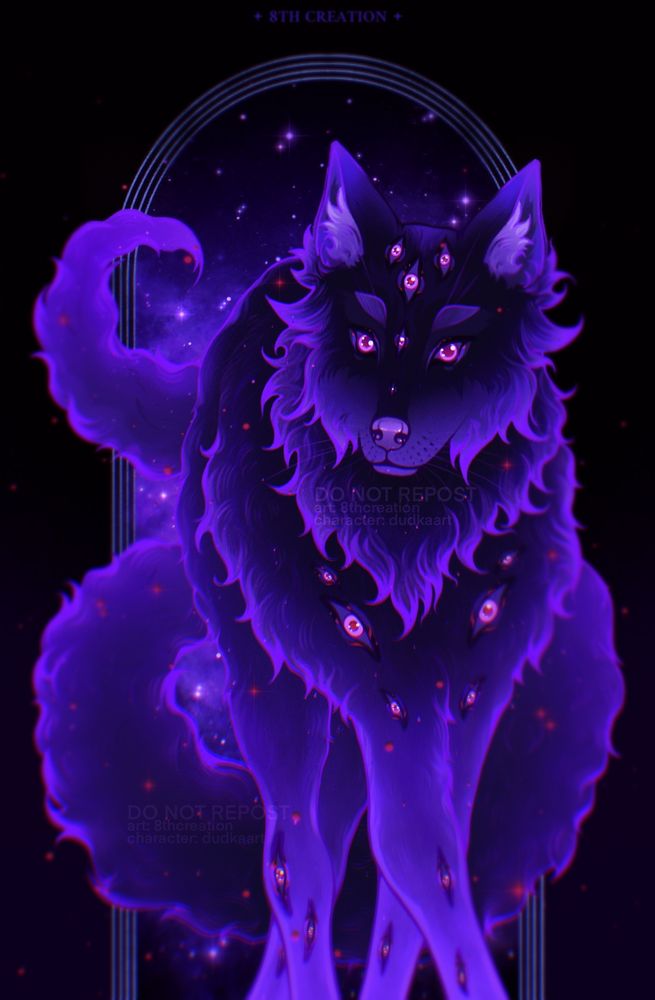 A cosmic dog with pointy ears, fluffy black-and-purple fur, and many pairs of pink eyes with red pupils on its head, chest, and legs. In the background there is an elongated arch looking like a gateway to space filled with stars and purplish nebulae. Red particles are floating around.
