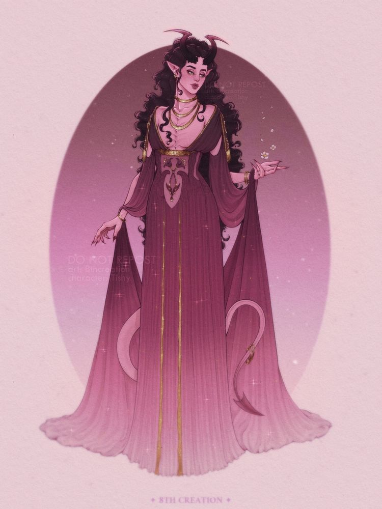 A tiefling catching cherry blossoms with her left hand. Her skin is light pink, her hair—long, dark and curly, and her eyes—bright green. She is wearing a dark pink elegant gown with wide sleeves, low neckline, and golden beading. Two golden chains decorate her neck. The background is a lighter pink oval with light particles floating around.