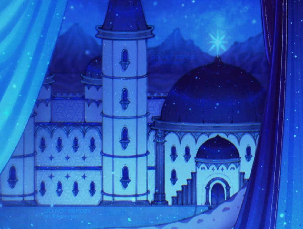 A close-up view of my latest illustration. It portrays a palace with light blue walls and darker blue embellishments. The main part of the palace is a large building with a dark blue, shiny, dome-shaped roof supported by dark blue columns. The side part contains two tall towers connected by a floral-patterned bridge. The palace has a lot of blue windows with shimmering panes. In the background, there is a desert and mountains under a starry night sky. On the far left side of the picture there is a piece of light blue fabric, while on the far right side there is a piece of dark blue dress and a blue spotted tail belonging to the character, who is central to the whole painting but not very visible in this shot specifically.