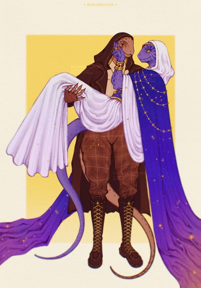 Two anthropomorphic lizards. One (Myrea) is holding the other (Alastor) in her arms. Myrea has brown skin with darker spots and orange eyes. She is wearing a dark brown hooded trench coat, tall brown laced boots, and loose checked jodhpur pants. Alastor is wearing his white priest's robes with a wide hood and a long blue cape with golden starry embroidery. Alastor is holding Myrea's face in his hand. Both are looking in each other's eyes and smiling gently. The background is a plain yellow rectangle.