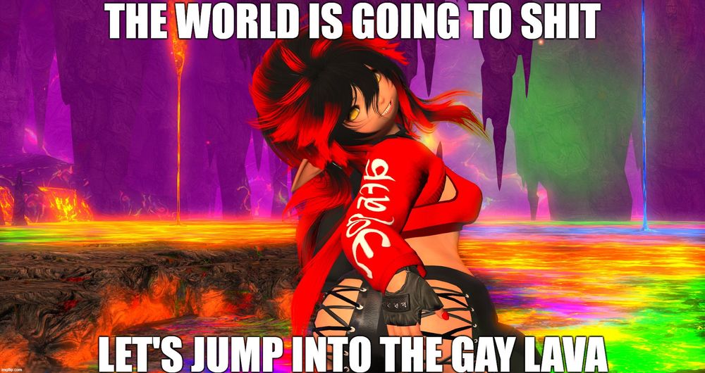Lolo posing in front of rainbow lava